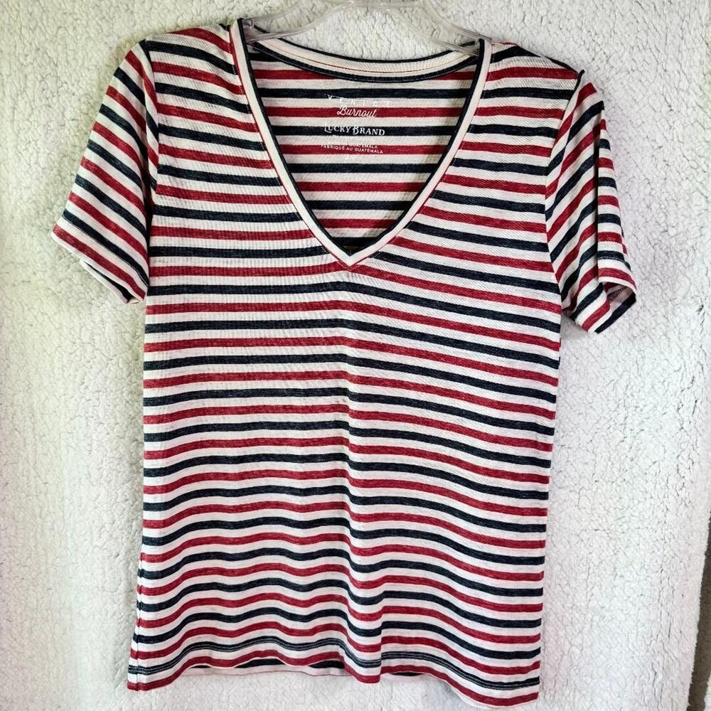 Luckey Brand Venice Burnout Red‎ White & Blue Stripe Short Sleeve T Shirt Size S